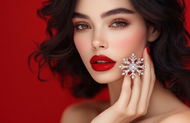 Fototapeta premium Portrait of a beautiful woman with dark hair and striking red lips holding a sparkling snowflake jewelry piece against a vibrant red background