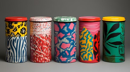 Colorful decorative cans with various patterns and designs, lined up against a neutral background, showcasing vibrant art and creativity.