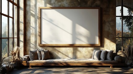 A minimalist interior featuring a blank canvas and natural light.