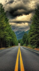 Mountain Road Scenic View Under Dramatic Sky