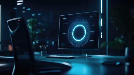 Futuristic computer screen with glowing interface in dark office
