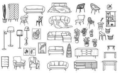 Big set of Doodle sketches of furniture, hand-drawn, of various sizes and types, modern and vintage style boho