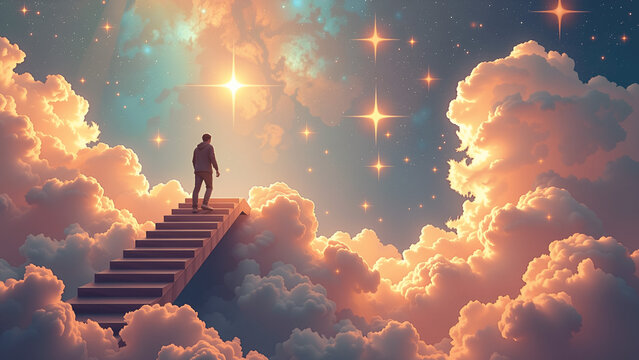 A figure of an achiever standing on a stairway to the stars in a dreamy cloud landscape