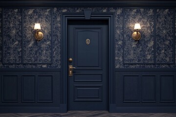 A dark blue door in the hallway of an old hotel, with wallpaper and wall sconces