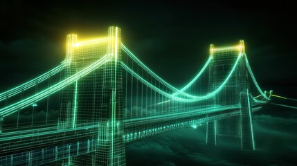 A futuristic depiction of a bridge rendered in glowing, digital lines against a dark background.