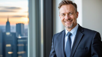 Smiling job candidate in a suit standing by the window with a city skyline at sunset