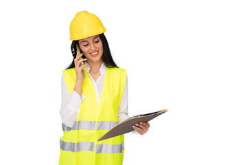 Female architect with helmet and vest ready for work