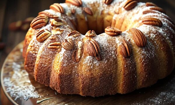 A beautifully baked bundt cake topped with pecans and dusted with powdered sugar.