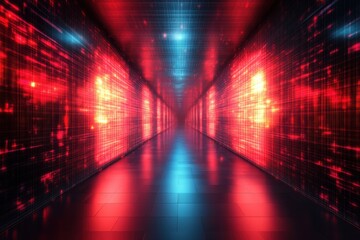 A futuristic corridor illuminated with red and blue digital patterns.