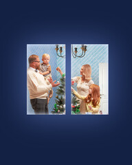 Contemporary art collage. Father holds his child while mother and daughter decorate Christmas tree, framed through window. Concept of family-time, winter holidays, Christmas Eve. Ad