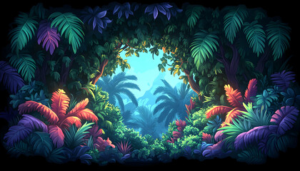 Lush tropical jungle scene with a clearing revealing a mountain vista.