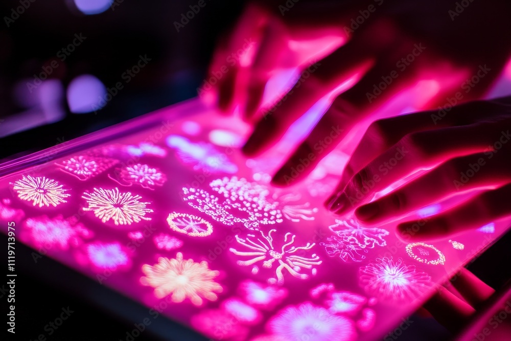Poster vibrant digital art creation with hands interacting with colorful light display, showcasing abstract