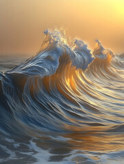 Majestic ocean wave at sunrise, backlit, showing texture and form.