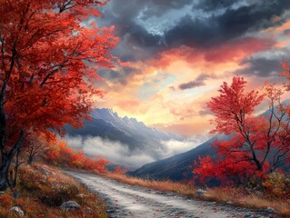 Mountain path with red maple trees and vibrant sunset sky.