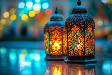 Fototapeta premium Beautifully Crafted Lanterns with Intricate Designs Illuminating a Colorful Background in a Festive Atmosphere, Perfect for Cultural Celebrations and Decor