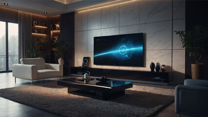 Mock Up 3D TV Screen Luxurious living room with futuristic TV and warm lighting