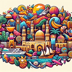 Muscat Postcard Design A colorful collection of iconic symbols