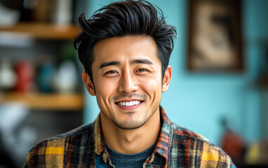 Obraz premium Asian man with a smile on his face is wearing a pink shirt