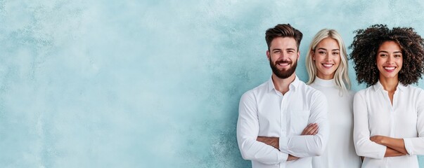 Diverse young professionals in white shirts against blue background. Millennial team includes bearded Caucasian man, blonde woman, and Black woman with natural curly hair, all smiling confidently. 8k
