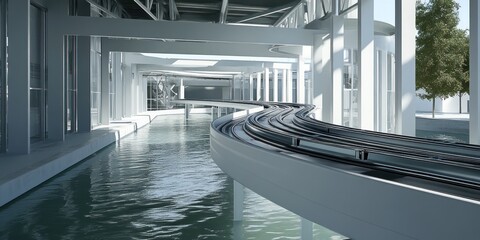 Fototapeta premium A modern architectural space featuring a curved track over water.