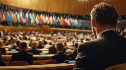 Delegates Engaged in Discussion at the United Nations Assembly with Flags Representing Member States