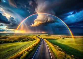 Surreal Double Rainbow Storm Clouds Road Field Photography