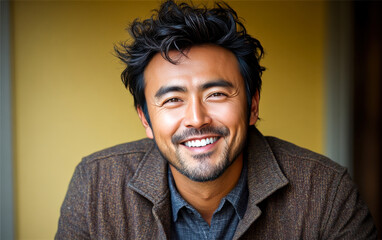 Fototapeta premium Asian man with a smile on his face is wearing a pink shirt