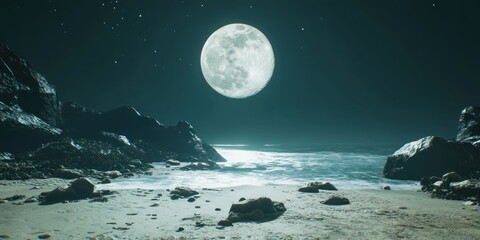 Fototapeta premium Nighttime Ocean Beach Scene Under Full Moon And Stars