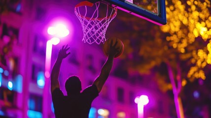 Silhouette of a basketball player making a shot at night, illuminated by vibrant city lights.