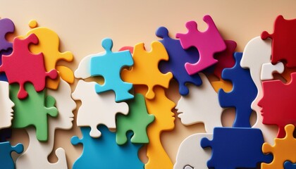 Colorful puzzle pieces representing diverse human profiles and connections in a vibrant, abstract style on a soft beige background, symbolizing unity and collaboration