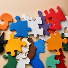 Fototapeta premium Colorful puzzle pieces representing diverse human profiles and connections in a vibrant, abstract style on a soft beige background, symbolizing unity and collaboration