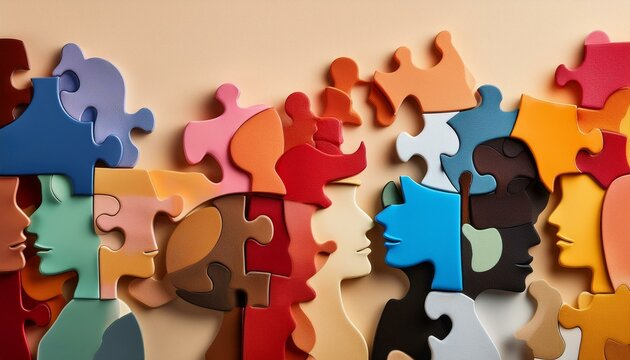 Colorful puzzle pieces representing diverse human profiles and connections in a vibrant, abstract style on a soft beige background, symbolizing unity and collaboration