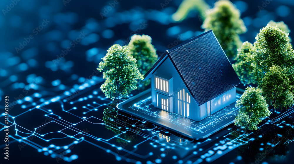 Poster a digital model of a home surrounded by green trees, set against a backdrop of glowing circuit patte