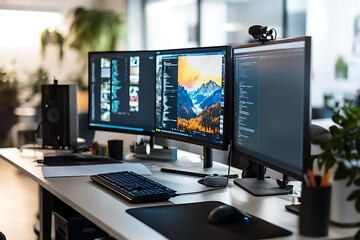 Naklejka premium A creative workspace with a large desk and multiple monitors,