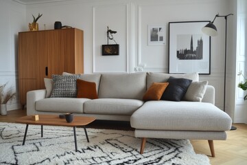 Contemporary Living Room Featuring Cozy Sofa with Decorative Cushions, Stylish Coffee Table, and Modern Decor Elements in Bright, Airy Space