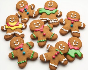 Fototapeta premium Colorful gingerbread cookies arranged playfully, featuring cheerful decorations and smiling faces.