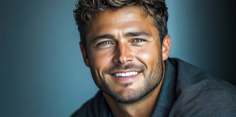 Obraz premium A man with a smile on his face is wearing a pink shirt