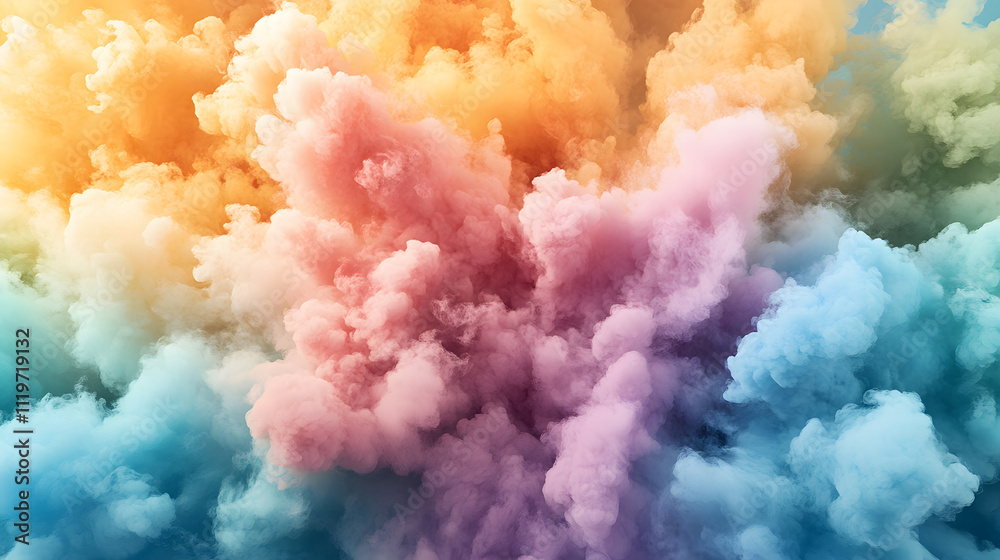 Poster a vibrant explosion of colorful clouds in pastel hues, creating a dreamy, ethereal atmosphere