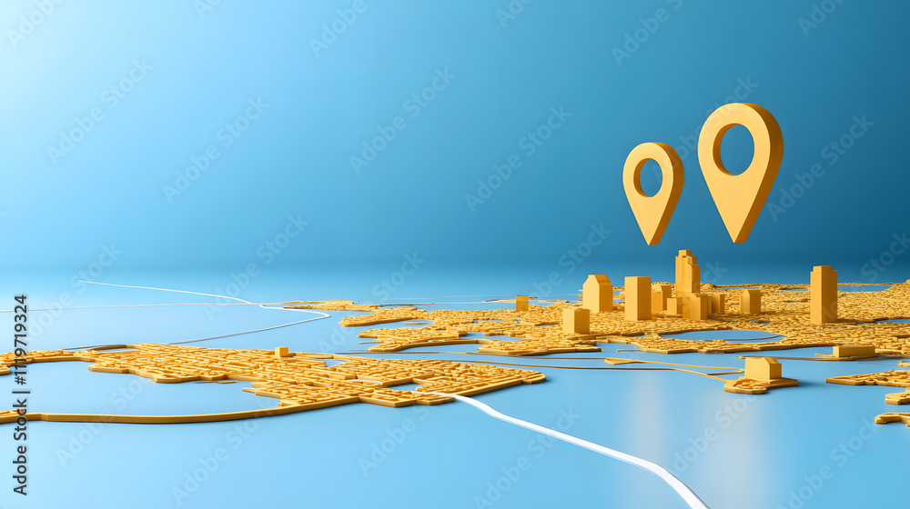 Poster a vibrant 3d map featuring yellow location pins over a stylized cityscape against a blue background,