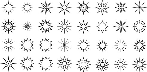 Collection of vintage light, sun, and starburst shapes; distinct radial patterns of light rays and shining lines; ray stars vector outline and icon on a transparent background.