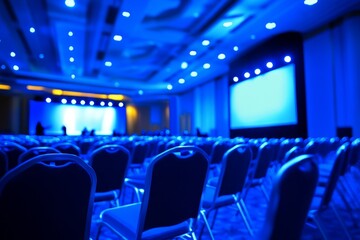 Empty Conference Room with Blue Lighting Ready for an Event, Rows of Chairs Prepare for Guests in a Modern Venue, Projector Screen in Background