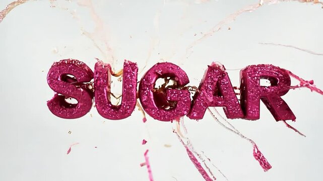 An animated lettering of the word Sugar as a background of an explosion of sweets and particles.