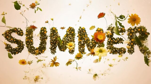 An animated lettering of the word Summer as a background consisting of an explosion of flowers and plants.