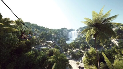 Couple enjoys a scenic zipline ride overlooking a lush tropical landscape and waterfall.