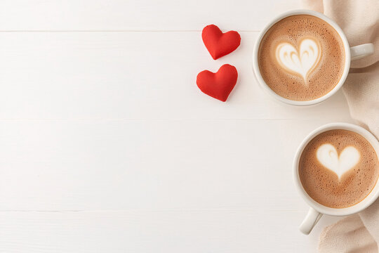 Warm latte cups with heart designs and red fabric hearts on white table. Copyspace for text.