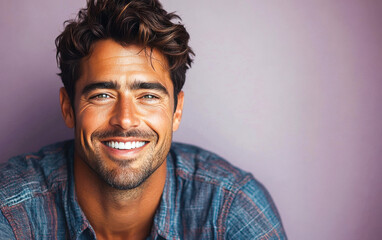 A man with a smile on his face is wearing a pink shirt