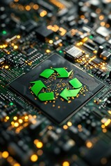 Close-up of an electronic circuit board featuring a prominent recycling symbol in green, symbolizing sustainability and eco-friendly practices in technology.