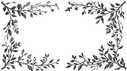 Floral vintage frames with silhouettes of branches, leaves and vines. Hand drawn elegant delicate botanical borders and wreaths Isolated transparent background png wedding invitation, card, page boder