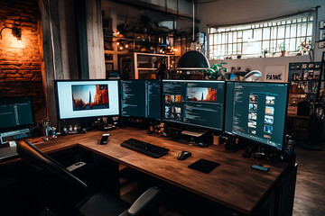 Fototapeta premium A creative workspace with a large desk and multiple monitors,