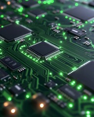 Close-up of illuminated circuit board with microchips and processors.